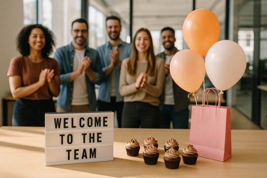 Coworkers Applauding Next To Welcome To The Team Sign And Cupcakes