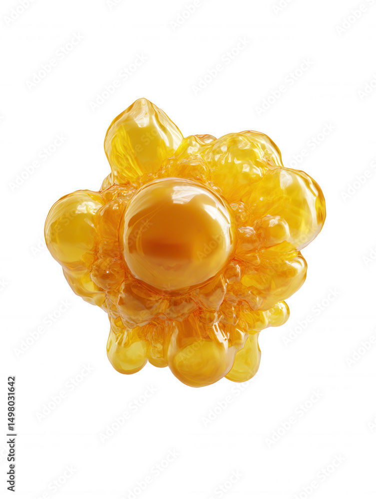 Poster a mesmerizing abstract organic cluster of shiny golden spheres and dripping droplets forms an intrig