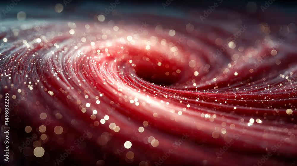 Poster abstract red spiral resembling a galactic vortex made of glowing threads and glittering particles