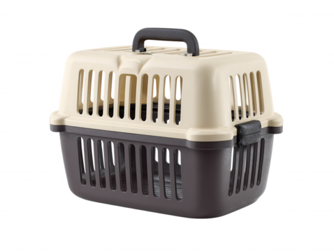 A two-tone carrier, featu brown base and tan top, is showcased against a pure white background, with a sturdy handle and vent slots designed for pet travel.