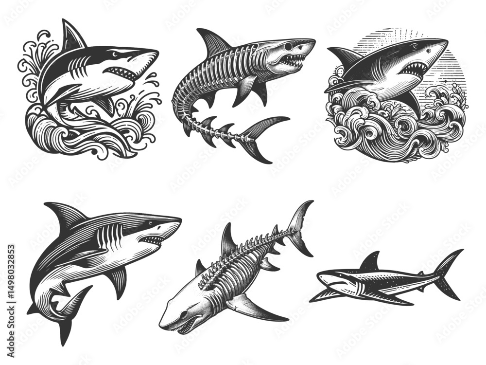 Poster shark set collection bundle sketch engraving generative ai vector illustration. scratch board imitat