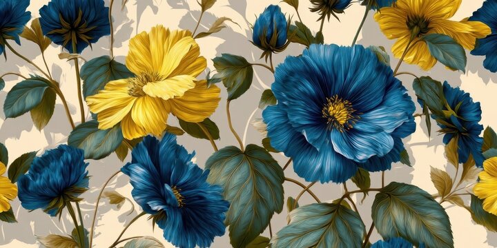 Seamless Botanical Pattern with Bright Blue and Yellow Flowers on Neutral Beige Background