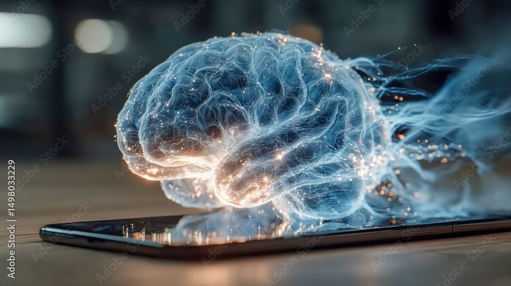 Poster futuristic concept of a glowing brain fused with microchips and neural circuits, symbolizing artific