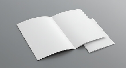 Blank Brochure Mockup: Open & Closed White Booklet Gray Background