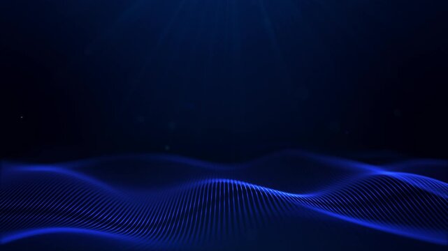 3D 4K Futuristic flight digital line landscape waves, dust particle Smart city big data connection technology Sci fi Skyline lights. Wireless connection internet of things wireframe. 4k 60fps VJ loop.