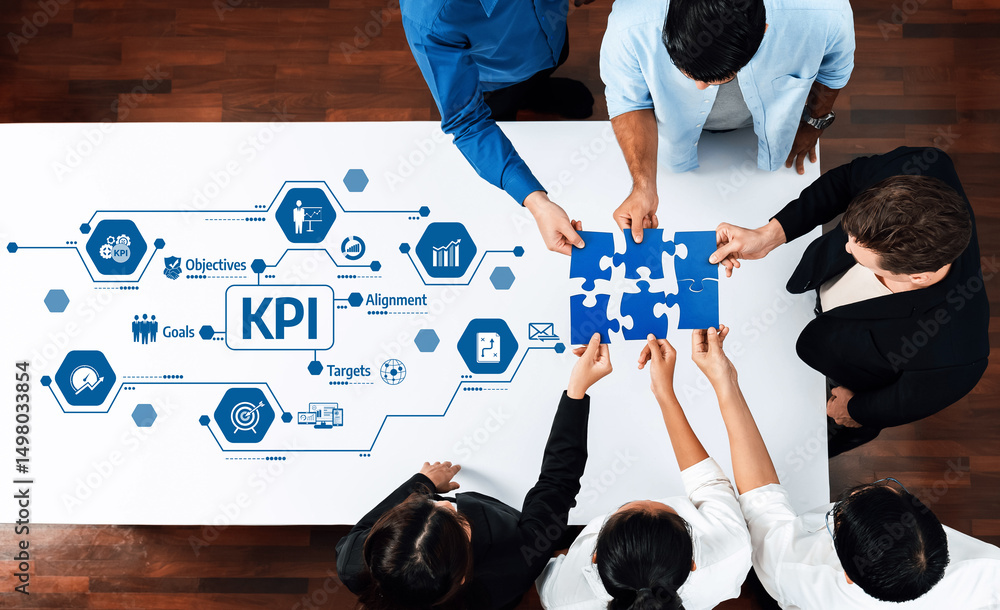 Poster a diverse business team collaborates on strategic planning using puzzle pieces, representing key per