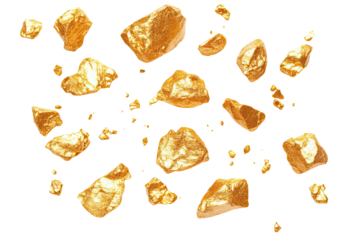 Scattered nuggets of gold, various sizes and shapes, against a black background.  Irregular textures and glistening surfaces suggest a raw, unrefined state