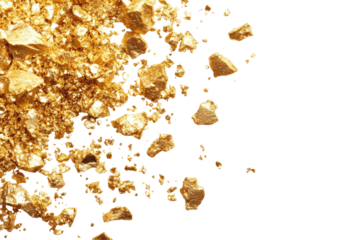 Close-up of glittering gold nuggets and dust, scattered against a black background, exhibiting varied shapes and sizes, creating a luxurious and textured effect