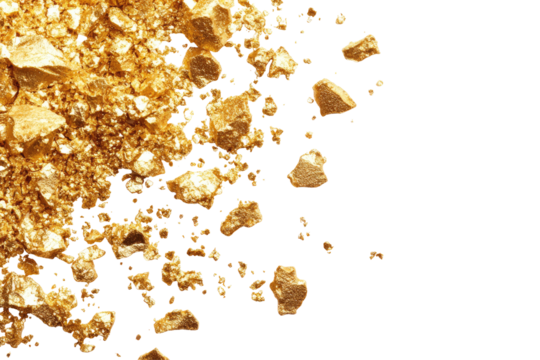 Close-up of glittering gold nuggets and dust, scattered against a black background, exhibiting varied shapes and sizes, creating a luxurious and textured effect
