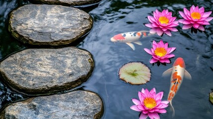 Koi fish swim amongst pink water lilies and stepping stones in a serene pond.