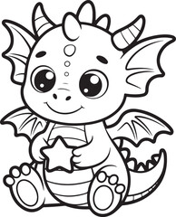 Cute Baby Dragon Holding Star Coloring Page with Simple Shapes

