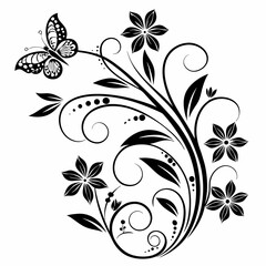 Elegant Swirl Flower Design with Black Floral Elements - Intricate Decorative Vector Art