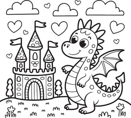 Cute Dragon with Fairytale Castle Coloring Page for Kids

