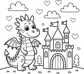 Cute Dragon with Fairytale Castle Coloring Page for Kids

