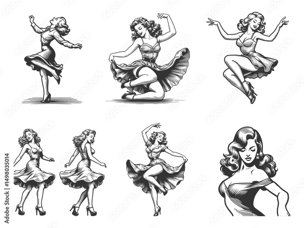 Poster pin-up girl set collection bundle sketch engraving generative ai vector illustration. scratch board 