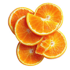 A close-up overhead shot of several vibrant orange slices, artfully arranged, showcasing their juicy segments and texture.  One slice is slightly broken, adding a touch of realism