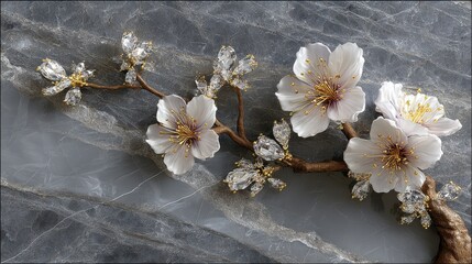 Delicate floral arrangement, soft beige blooms with natural accents on a textured gray surface, perfect for elegant design.