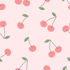 Seamless pattern with cute fruits, cherry on pink background. Vector illustration for printing. Cute baby background
