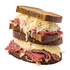 Reuben sandwich filled with sliced corned beef, melted cheese, tangy sauerkraut, and creamy dressing between toasted rye bread, isolated on a transparent background.