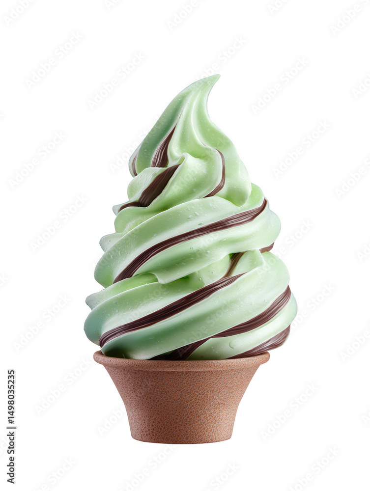Poster a delicious and refreshing mint flavored soft serve ice cream swirl with chocolate drizzle sits perf