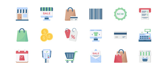 Explore a vibrant collection of shopping icons ideal for ecommerce sites and apps. Featuring bags, carts, sales, and payment icons, they enhance user experience and make shopping enjoyable