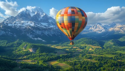 Naklejka premium Colorful Hot Air Balloon Ascending Over Lush Green Valley and Sn