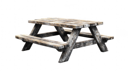 Rustic weathered wooden picnic table with benches PNG transparent background