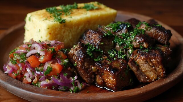 Kenyan nyama choma with ugali and tomato salad