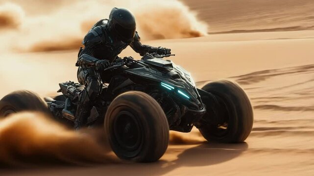 A man in a black suite riding a advanced quad bike on the desert