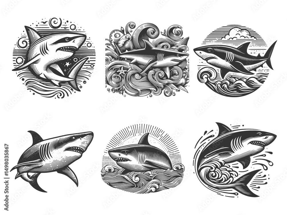 Poster shark set collection bundle sketch engraving generative ai vector illustration. scratch board imitat