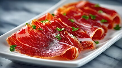 Elegant presentation of Jamon Serrano from Teruel on a white dish
