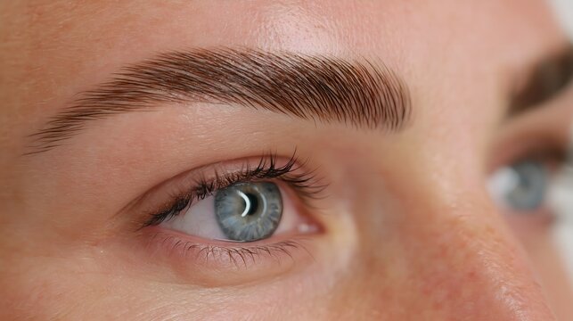 Close-up eyes with defined eyebrows showcasing microblading and permanent makeup techniques