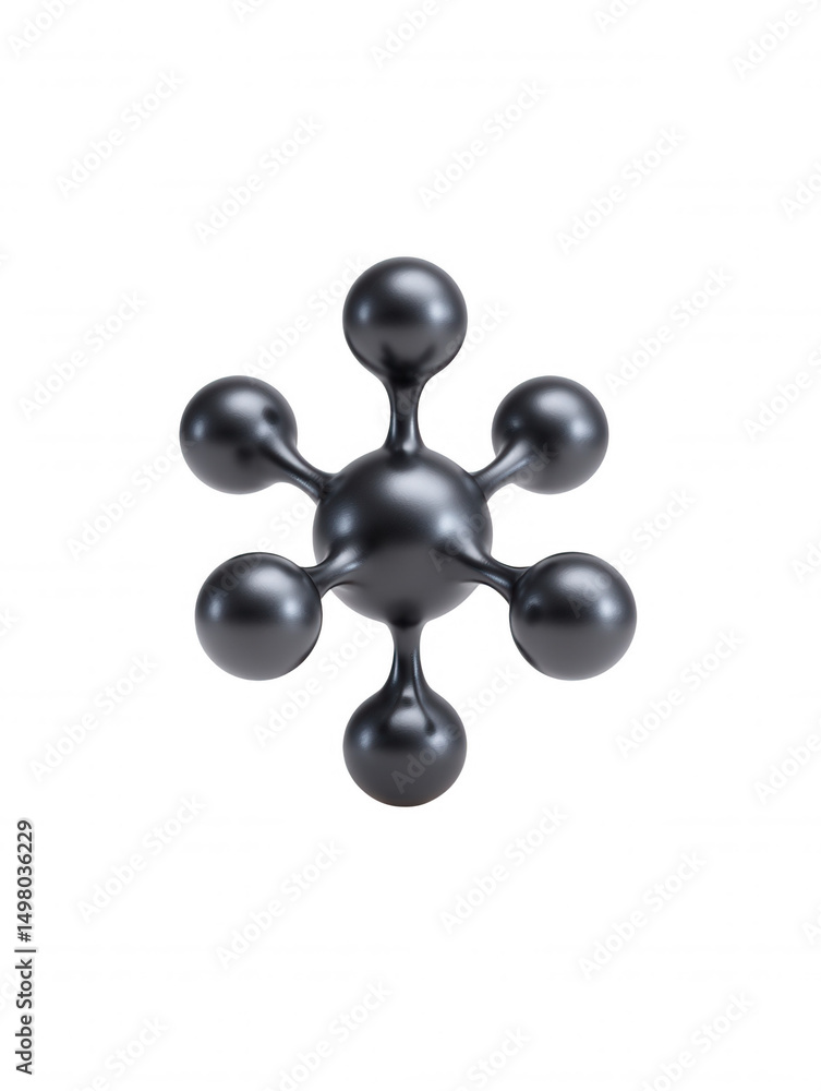 Poster a glossy black molecular structure with a central sphere and six surrounding spheres connected by th