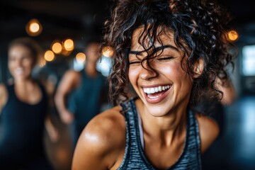 Fototapeta premium Energetic woman dancing, cheerful dark-haired woman enjoying a workout in a vibrant fitness studio, dynamic atmosphere, high energy.