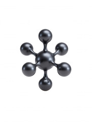 A glossy black molecular structure with a central sphere and six surrounding spheres connected by thin necks floats in stark isolation against white background.