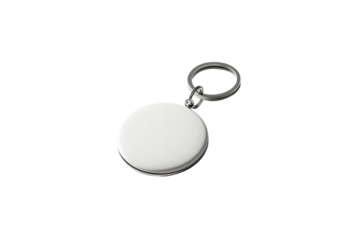 A simple, circular silver keyring with a blank, smooth face and a standard metal key ring attachment.  It's presented against a plain black background