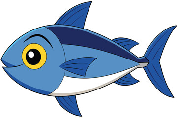 Cartoon Blue Fish with Yellow Eye Swimming Rightward Showing Fins and Tail