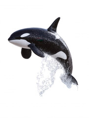 Obraz premium An orca, a magnificent black and white killer whale, is powerfully jumping out of the water, surrounded by splashing droplets on a bright white background.