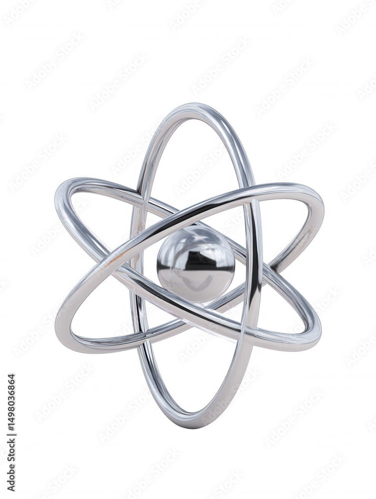 Poster a shiny metallic atom model with a central sphere surrounded by three intersecting s orbits, symboli