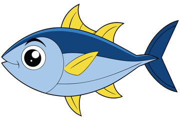 Cartoon Tuna Fish Illustration with Blue Body and Yellow Fins Design