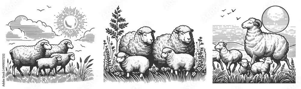 Poster sheep and lambs in pasture set collection bundle sketch engraving generative ai vector illustration.