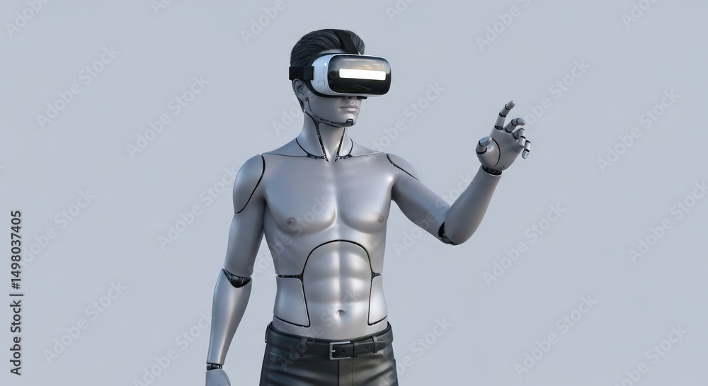 Poster cybernetic man wearing a virtual reality headset interacting with digital world. future technology d