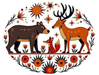 Vibrant folk art illustration featuring woodland animals – a deer, bear, and fox – surrounded by traditional floral patterns and celestial symbols. Ideal for nature-inspired and cultural designs.