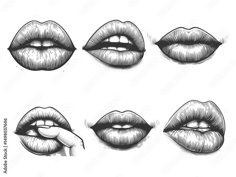 Poster lips set collection bundle sketch engraving generative ai vector illustration. scratch board imitati
