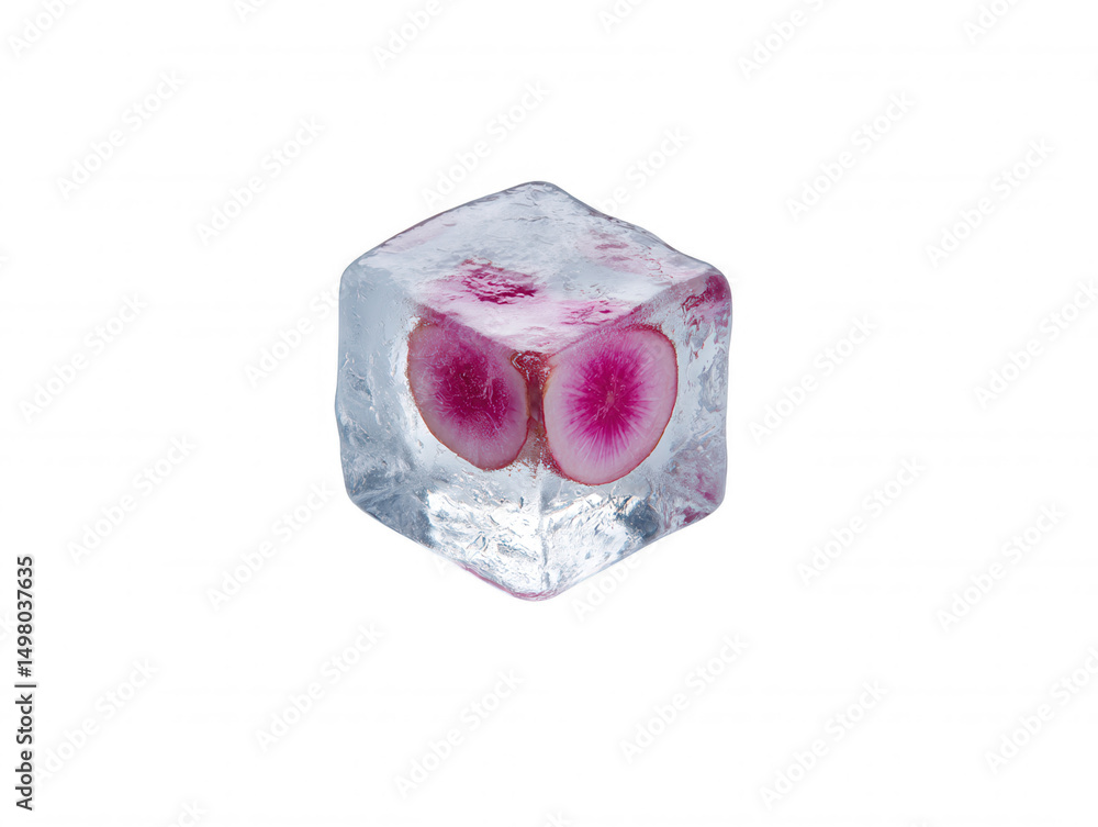 Poster a refreshing presentation features a vibrant pink radish slice frozen inside a crystal clear ice cub