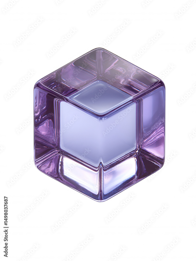 Poster a translucent purple cube with frosted center is isolated against a bright white backdrop creating a