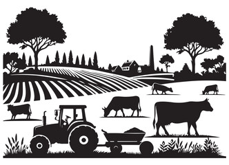 Rural Charm A Silhouette of Farm Landscape with Cows and Tractor