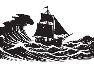Braving the Storm A Silhouette of a Ship Facing Huge Waves