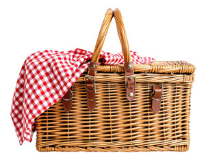 Wicker picnic basket with checkered cloth  isolated on white background.png isolated on transparent background 