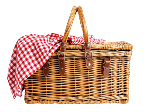 Wicker picnic basket with checkered cloth  isolated on white background.png isolated on transparent background 